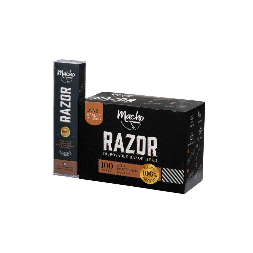 Professional Barber Aluminum Multi Use Straight Razor Handle with Disposable Razors 100 Pack Professional Straight Razor Kit for Barber, Macho by Better Barber