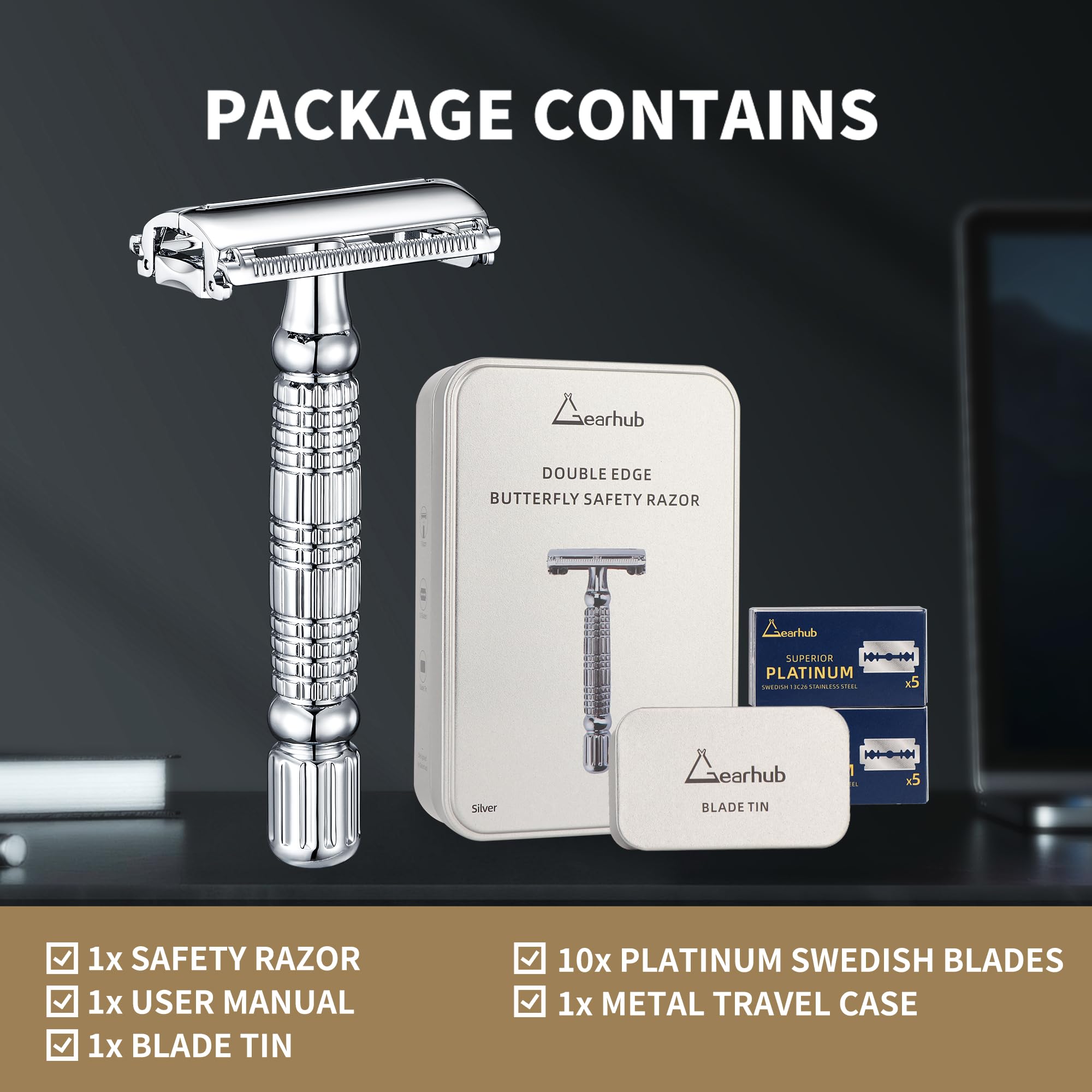 Gearhub Butterfly Double Edge Safety Razor Reusable Stainless Metal Wet Shaving Razor with 10 Swedish Platinum Blades for Men Women Barber Bikini Armpit Hair GR179