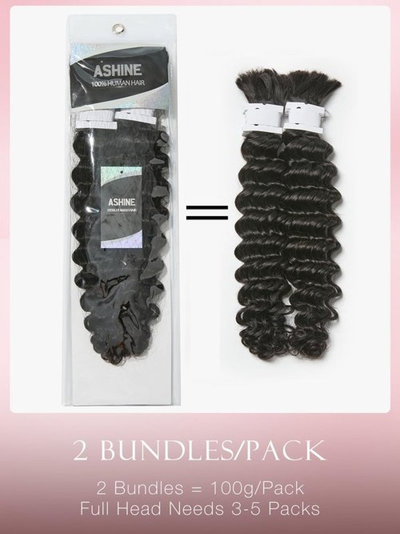 ASHINE Human Braiding Hair for Boho Braids Deep Wave Bulk Pre-Separated Strands 100% Human Hair 2 Bundles/Pack 100g 16 Inch Natural Color Easy to Braid
