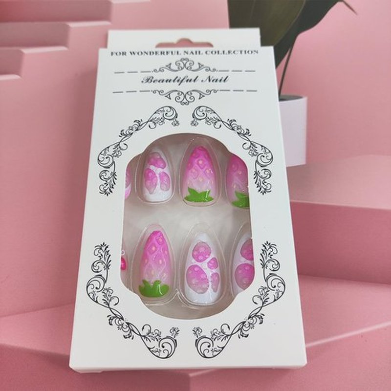 Handmade Press on Nails Pink Fake Nails with Cherry Oranges Strawberry 3D Designs 24 Pcs Medium Almonds Reusable Acrylic Nail Full Cover Stick on Nail for Summer Women No Glue WYFHDT