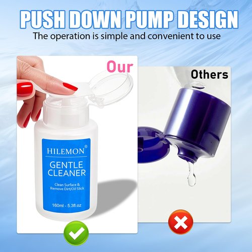 HiLemon Push-On Nail Gentle Cleaner, Gentle Nails Surface Cleanser, Clean Base Gel & Floating Gel & Grease After Sealing & Dust & Dirt from Nails, Art DIY, Pump Bottle Design, 160ml (Gentle Cleaner)
