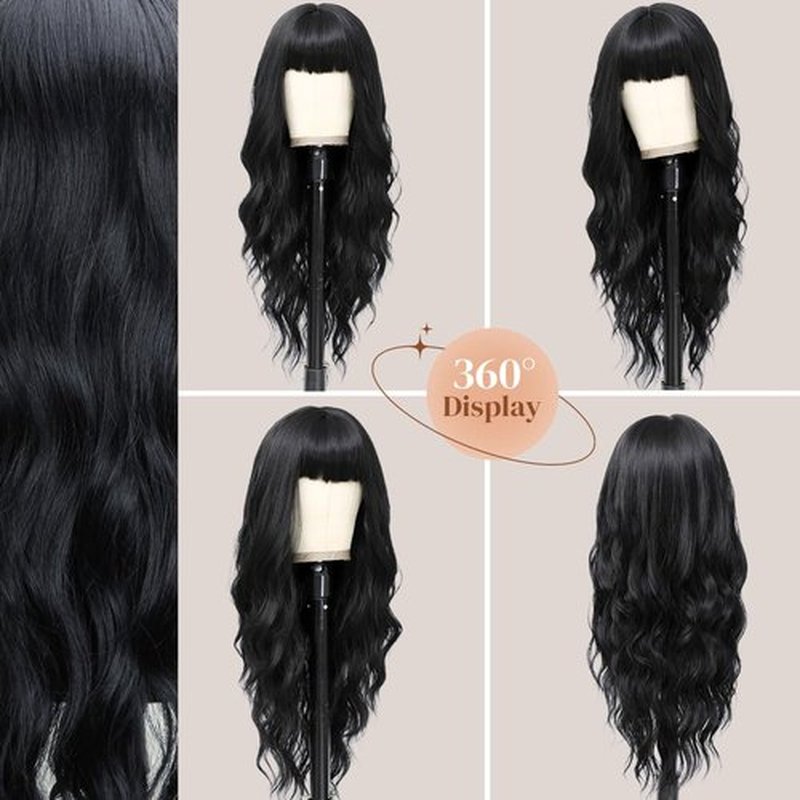 POUWENEY Black Wig with Bangs 26 Inch Long Curly Wavy Wigs for Women Begineer-Friendly Synthetic Wig for Daily Party Holiday Use