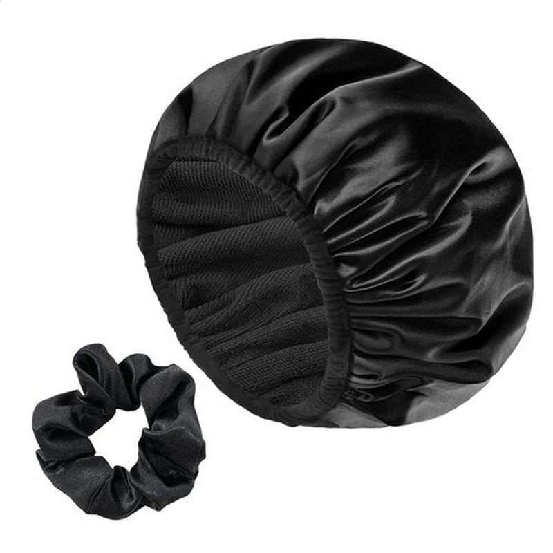 Skiennix Satin Shower Cap - Three-Layer Terry Cloth Lined, Waterproof & Reusable for Long Thick Hair | Large Size (Black)