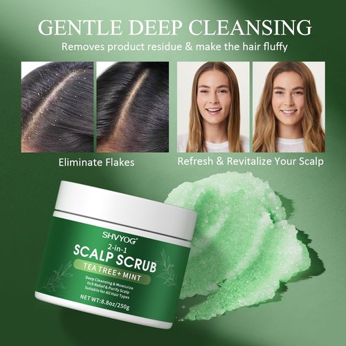 SHVYOG Scalp Scrub, Tea Tree & Coconut Oil Exfoliator Scrub for Itchy Scalp, Anti-Dandruff Detox Clarifying Exfoliator Shampoo with Sea Salt, Scalp Treatment with Scalp Scrubber