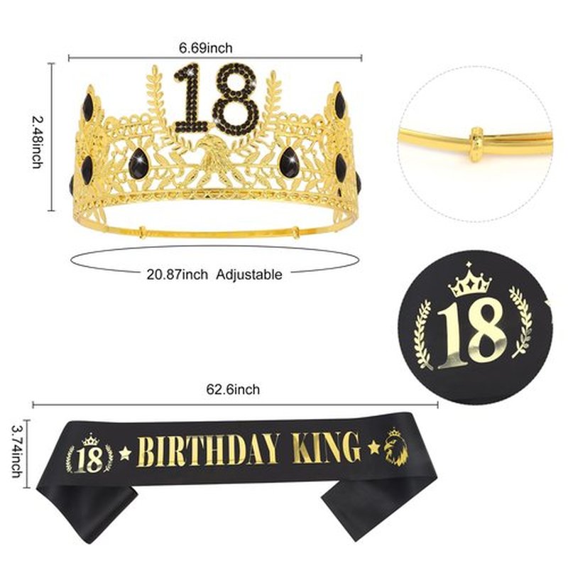 CIEHER Birthday King Crown & Birthday King Sash for Men Boys (18th Birthday)