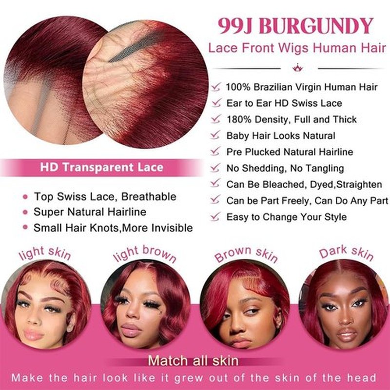 OLFORY Burgundy Wig Human Hair Wigs for Black Women13x4 Deep Wave Lace Front Wigs Pre Plucked 200% Density 99j Loose Deep Wave Wigs Red Wine Virgin Glueless Wig 30Inch