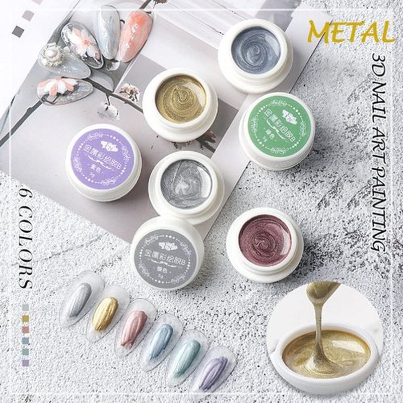 LOKFAR 6 Colors Metallic Gel Nail Polish - 3D Reflective Metallic Chrome Gel Liner for Nail Art Painting (Gold, Silver, Rose Gold, Blue, Green, Purple)