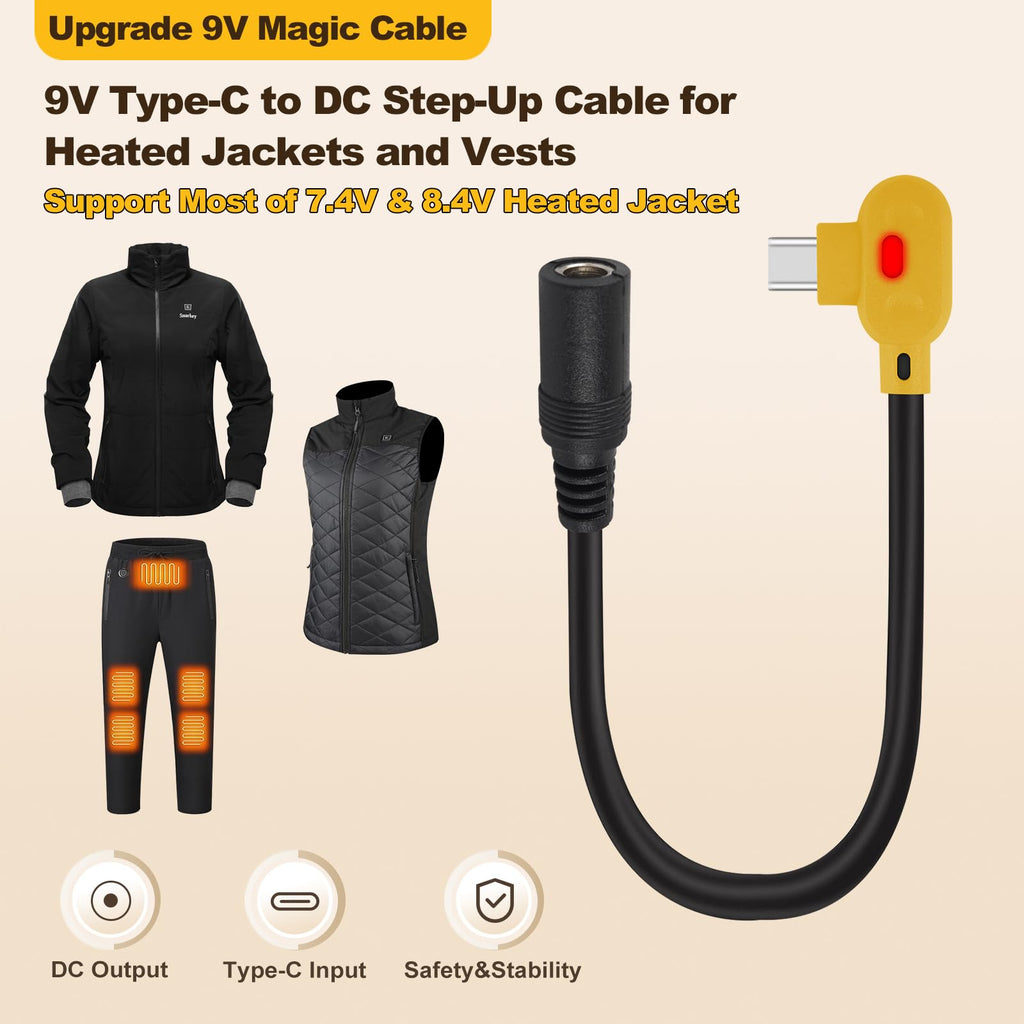 Smarkey 9V Heated Jacket Battery Step-Up Adapter Cable Compatible with ORORO and Venustas 7.4V, 8.4V Heated Jackets, Hoodies & Heated Vests (Not for 12V Heated Gear)