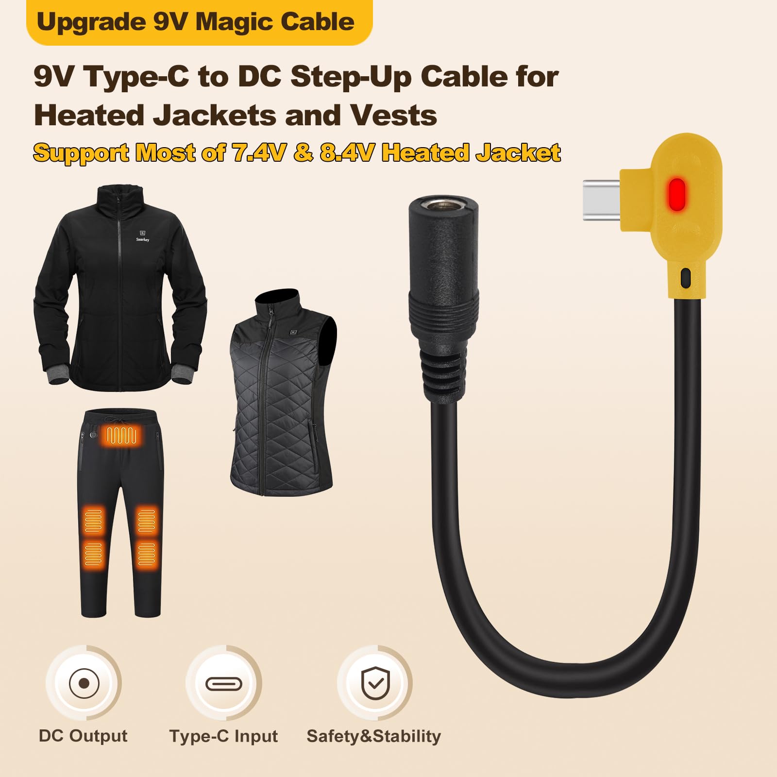 Smarkey 9V Heated Jacket Battery Step-Up Adapter Cable Compatible with ORORO and Venustas 7.4V, 8.4V Heated Jackets, Hoodies & Heated Vests (Not for 12V Heated Gear)