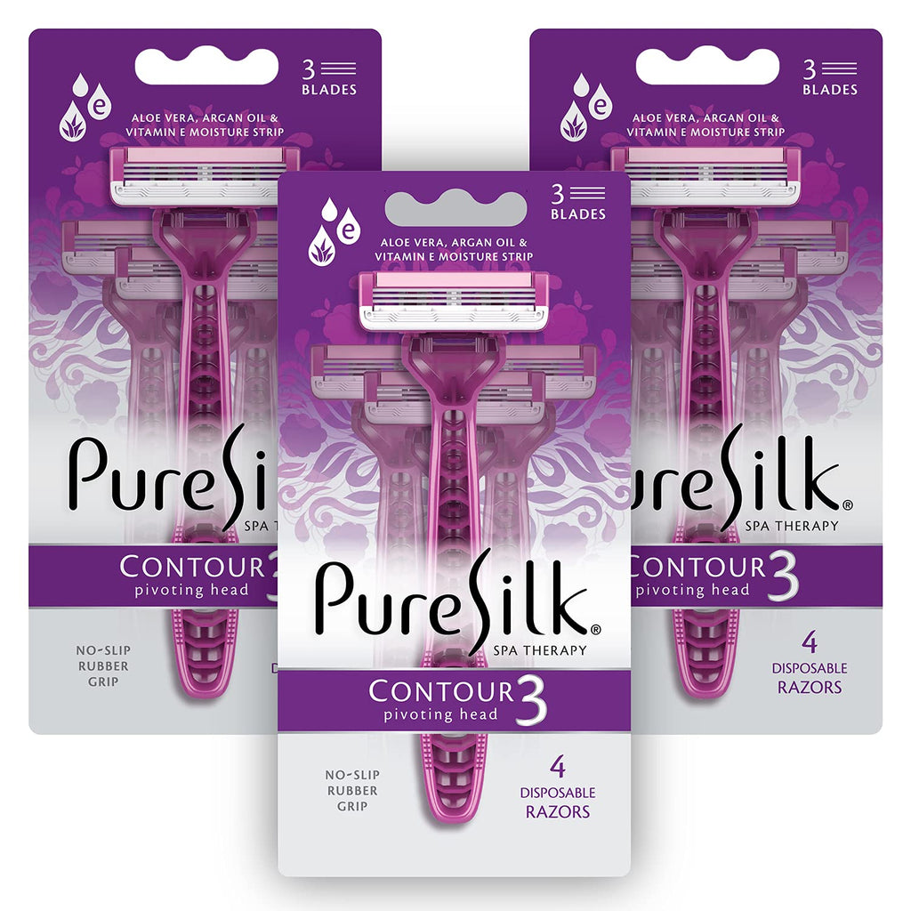 Pure Silk Contour 3 Disposable Razors for Women (3 Packs/12 Total Razors)