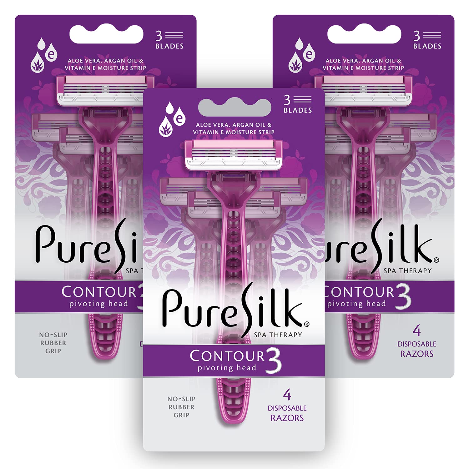 Pure Silk Contour 3 Disposable Razors for Women (3 Packs/12 Total Razors)