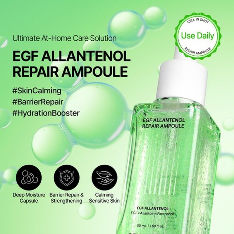 CELL IN SHOT EGF Allantenol Repair Ampoule, Hydrating and Barrier Support, Centella Asiatica, Hyaluronic Acid & Ceramides, Soothing Ampoule for Sensitive Skin, Brightening Recovery Serum, 1.01 fl oz