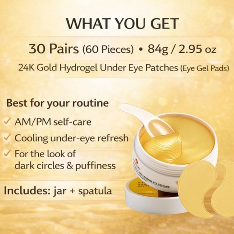 Rupachoice Under Eye Patches, 24K Gold Hydrogel Eye Patches with Caffeine + Niacinamide + Ectoin, Cooling Depuffing Eye Gel Pads for Dark Circles, 30 Pairs (60 Pieces)
