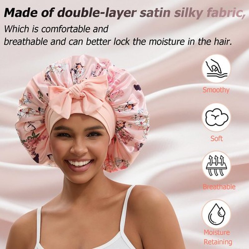 NAHOSY Satin Silk Bonnet for Sleeping Women, Reversible Double Layer Soft Satin Lined Hair Bonnet with Tie Band Night Sleep Cap for Curly Hair (Pink)
