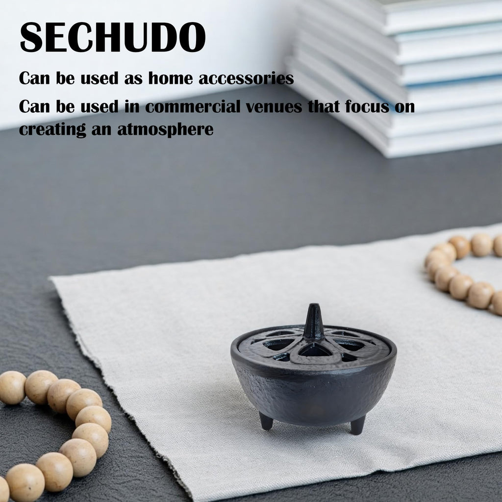 SECHUDO Small Cast Iron Incense Burner Holder, Home Decor, Bowl Design with Decorative Lid, Black Incense for Sticks, Resin, Cone Incense or Wax Melts