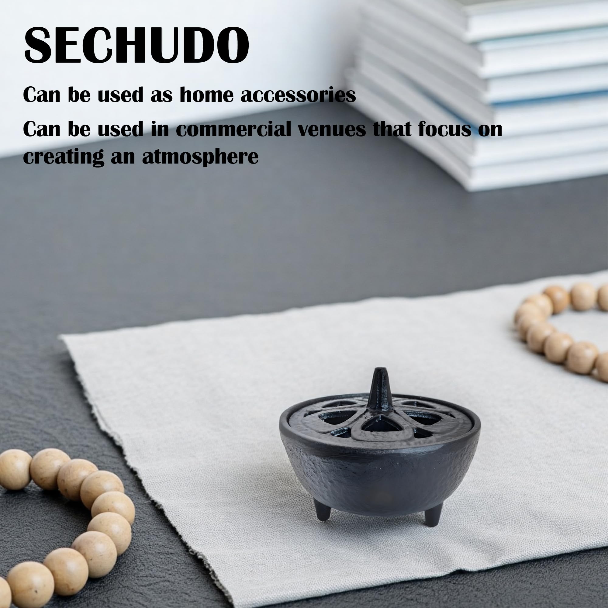 SECHUDO Small Cast Iron Incense Burner Holder, Home Decor, Bowl Design with Decorative Lid, Black Incense for Sticks, Resin, Cone Incense or Wax Melts