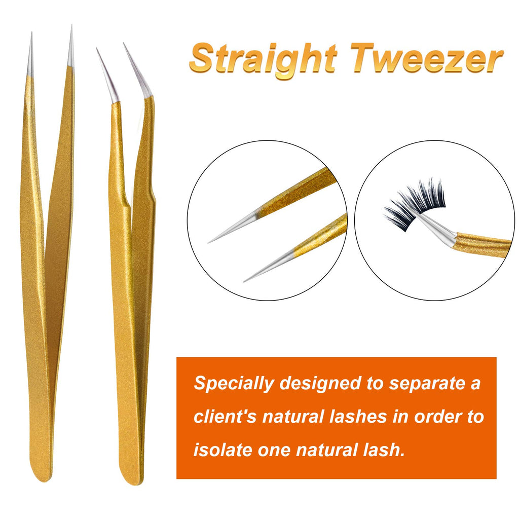 2 Pieces Straight and Curved Tip Tweezers Eyelash Extension Tweezers, Stainless Steel False Lash Application Tools (Gold)