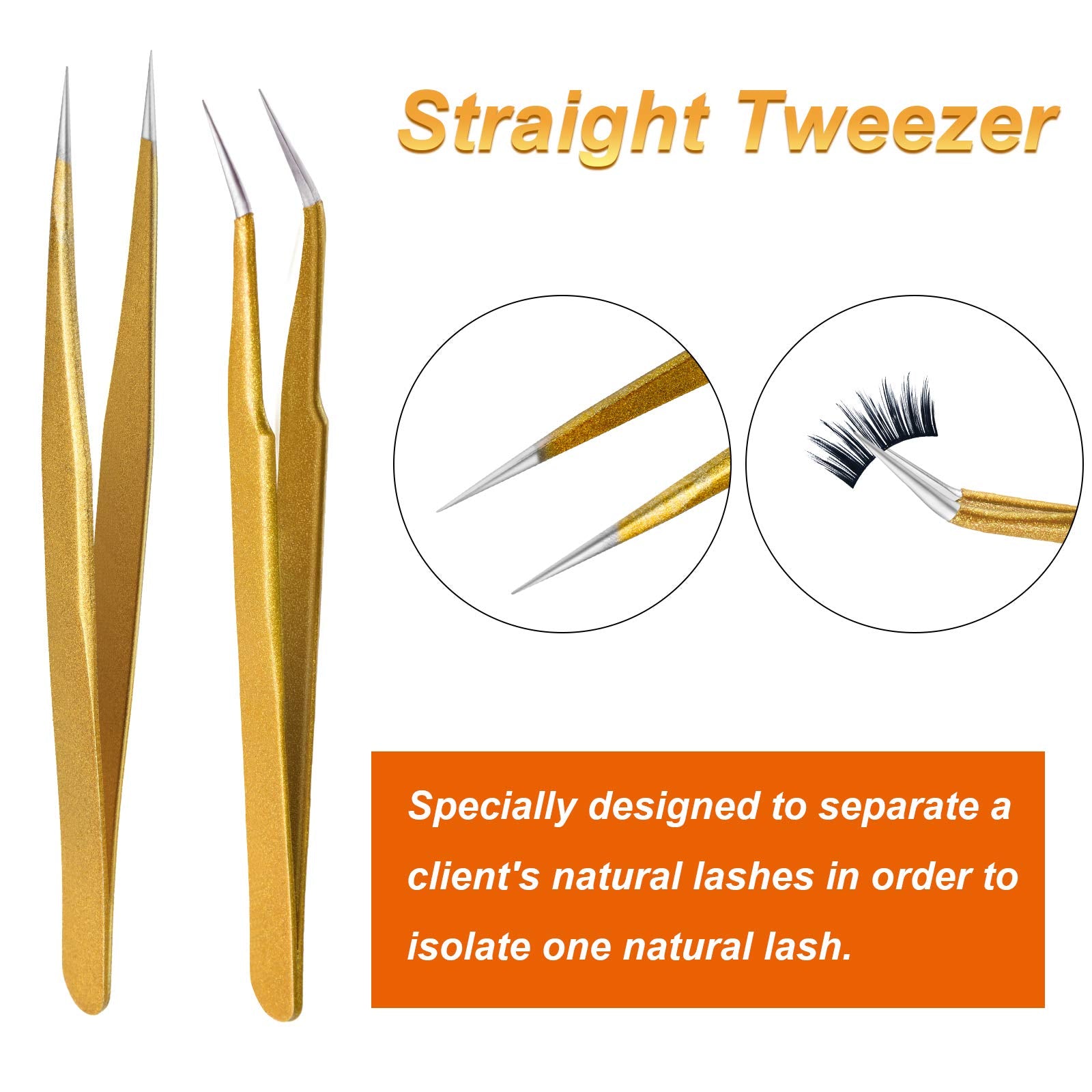 2 Pieces Straight and Curved Tip Tweezers Eyelash Extension Tweezers, Stainless Steel False Lash Application Tools (Gold)