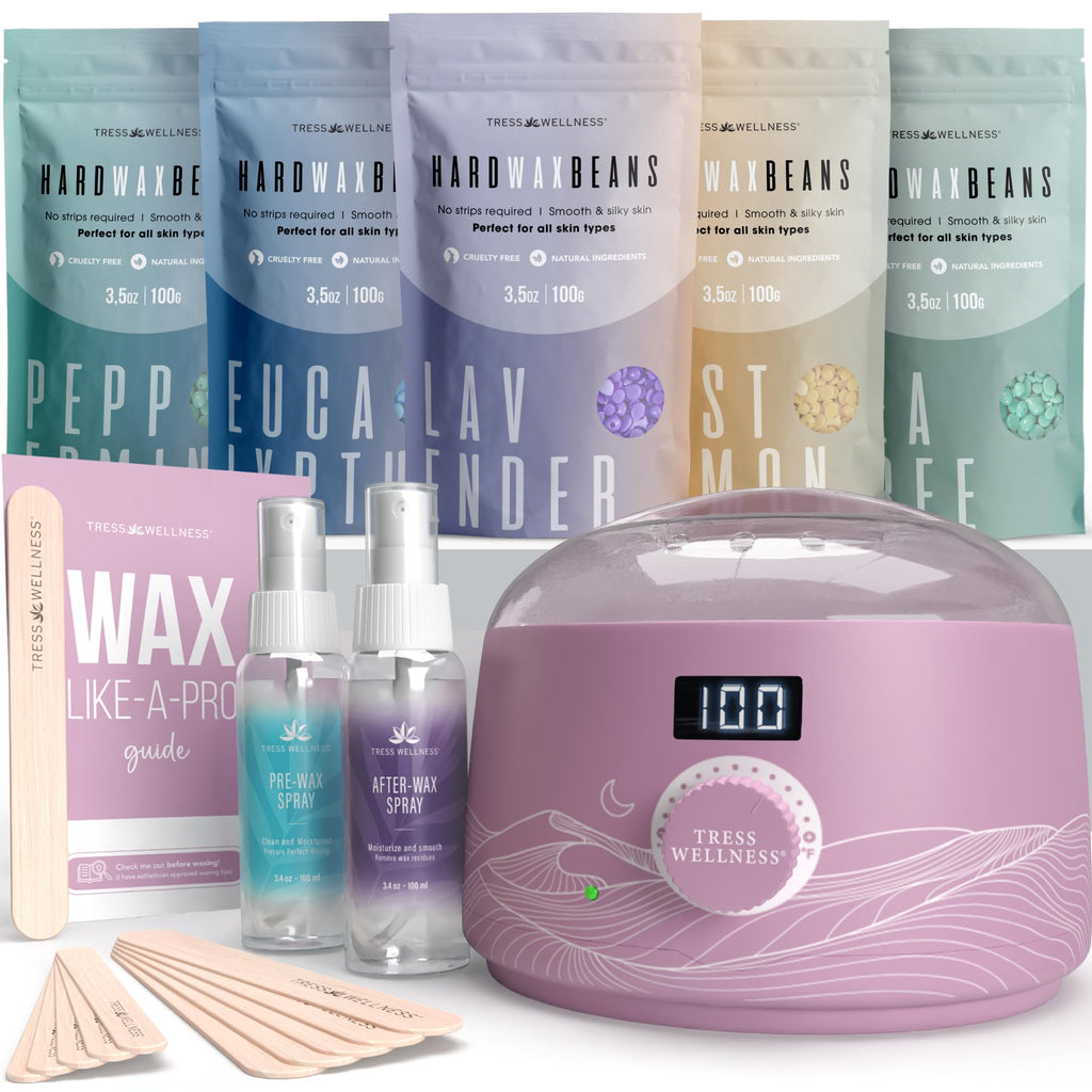 Tress Wellness Award Winning Waxing Kit for Sensitive Skin – Safe for Face & Skin, Easy to Use – At-Home Kit for Face, Bikini, Brazilian & Full Body - Digital Display, Misty Lilac