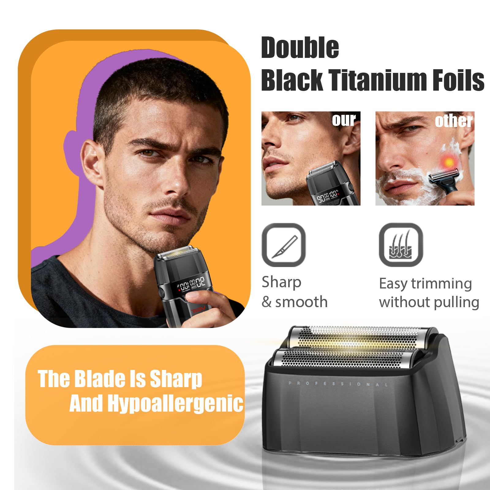 VGR 308 Electric Shavers for Men, Professional Double Foil Shaver 9000RPM Cordless Head Shaver with Titanium Foils, LED Display, USB Rechargeable Men's Electric Razor for Face & Beard, Gold