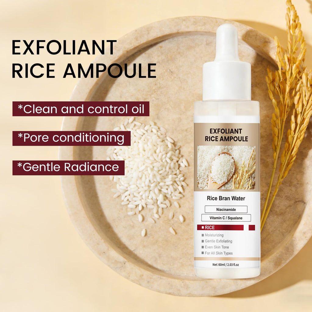 White Rice Face Exfoliator, Gentle Daily Exfoliating Ampoule with Fermented Rice Water & Vitamin C, Pore Cleansing & Hydrating Facial Treatment for Soft, Refreshed Skin, 2.03 fl oz