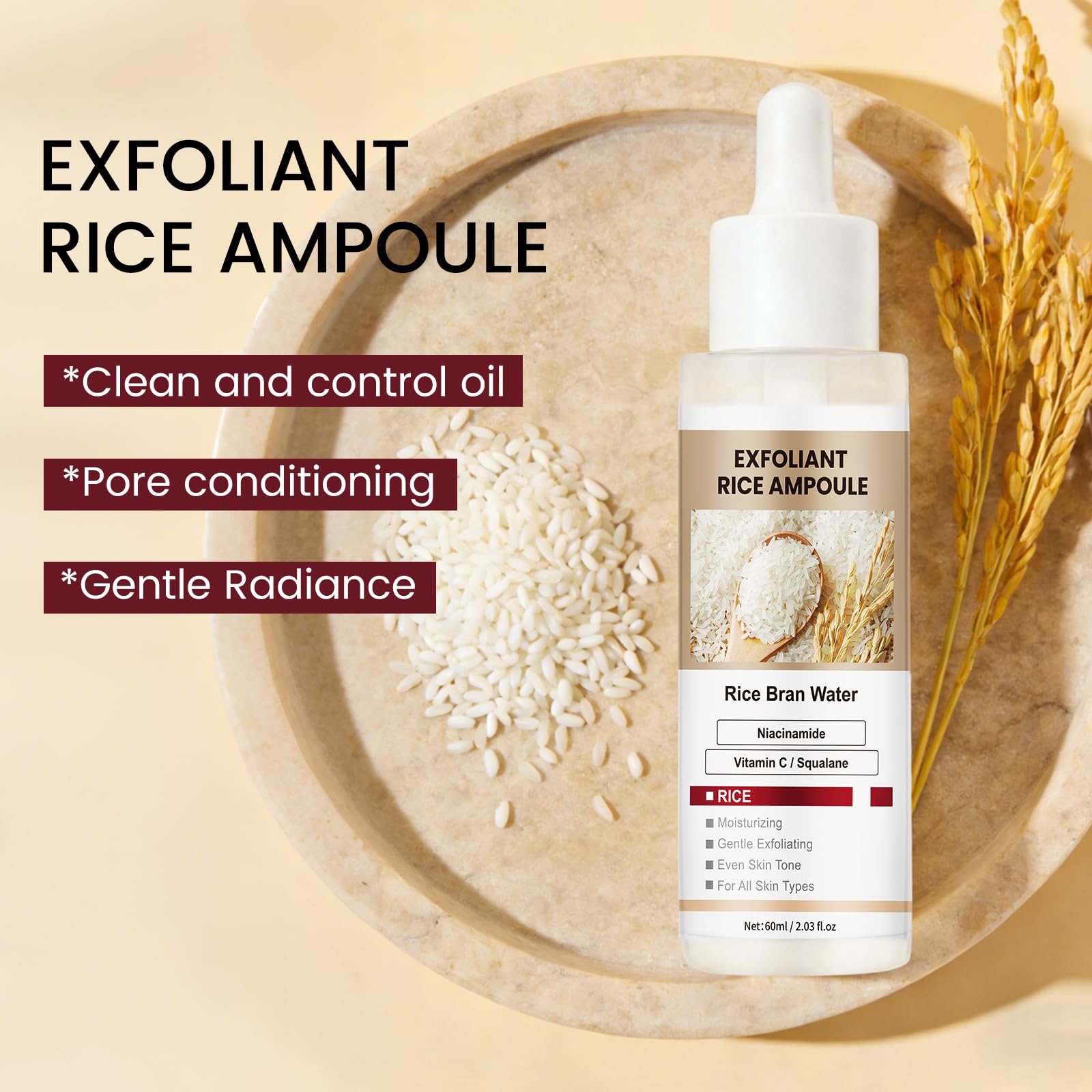 White Rice Face Exfoliator, Gentle Daily Exfoliating Ampoule with Fermented Rice Water & Vitamin C, Pore Cleansing & Hydrating Facial Treatment for Soft, Refreshed Skin, 2.03 fl oz