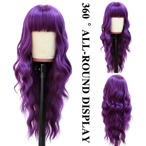 NOSTALGIA Purple Wig with Bangs Long Purple Wavy Wigs for Women 26 Inch Dark Purple Wigs Natural Looking Heat Resistant Synthetic Wig for Daily Party Use