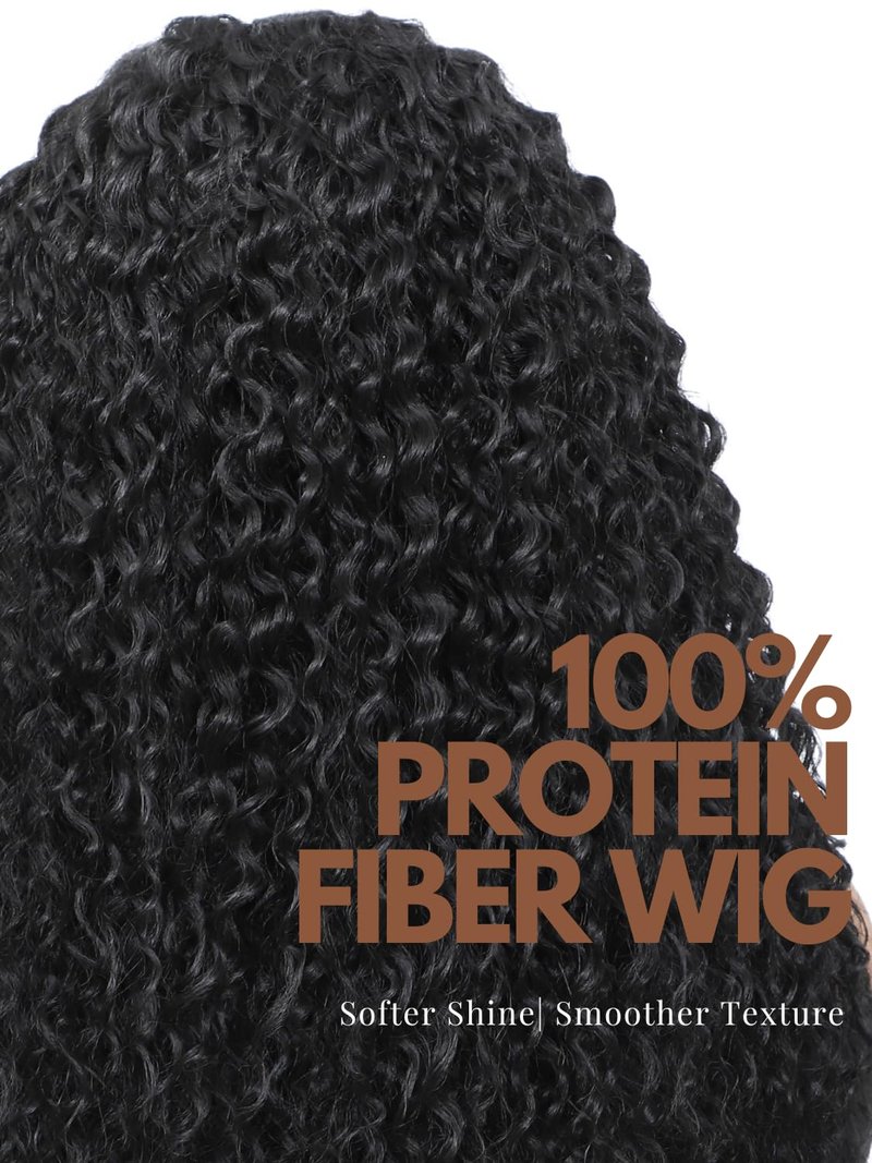 YKHJH 26 Inch Synthetic Lace Front Wig Black Curly Synthetic Wig Protein Fiber Like Human Hair, Glueless Water Wave Hair (Black)