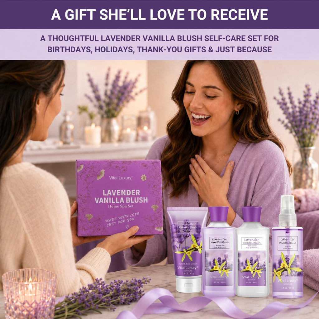 Bath and Body Spa Gift Set for Women, 4PC Lavender Vanilla Blush Self Care Travel Kit - Shower Gel, Lotion, Hand and Body Cream, & Body Mist, 3 Fl Oz Each, Pamper Gift for Mom Wife Girlfriend Sister