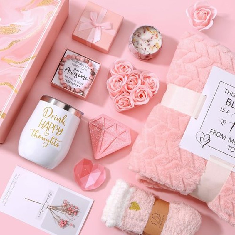 Skiennix Spa Gift Set - Relaxing Pink Self-Care Basket with Blanket | Perfect Mother's Day Gift for Women