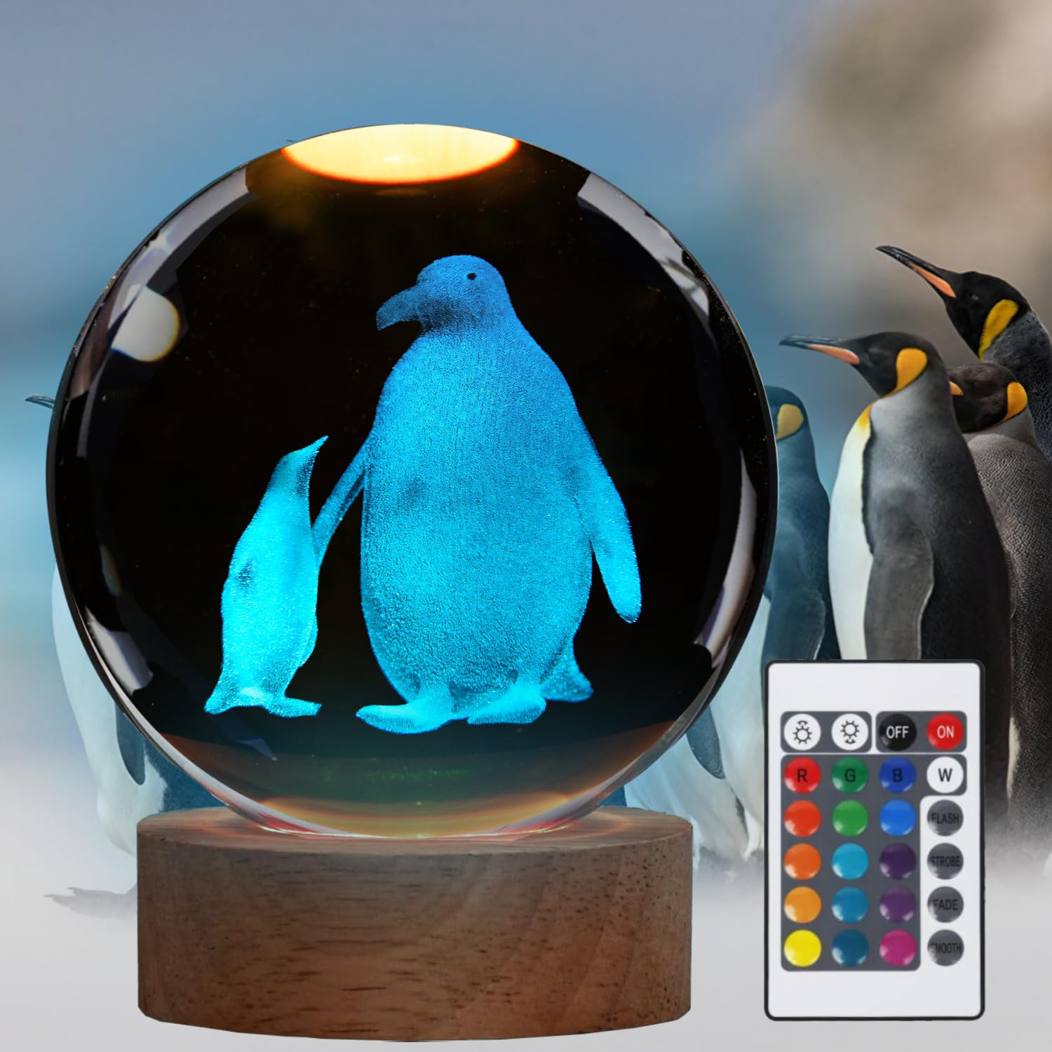 POSSHE Penguin Night Light, Penguin Gifts, K9 3.15 Inch (80mm) Crystal Ball Night Light with 16 Colors Remote Upgraded Lamp for Birthday Xmas Cool Animal Figurines Gifts for Room Decor Boys Girls