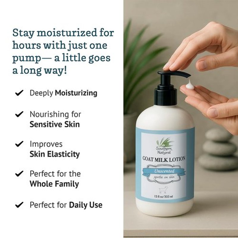Southern Natural Goat Milk Lotion – Nourishing Face, Body & Hand Moisturizer for Dry & Sensitive Skin - Hydrating Cream, Gentle Skincare for Soft & Smooth Feel - Unscented 12oz