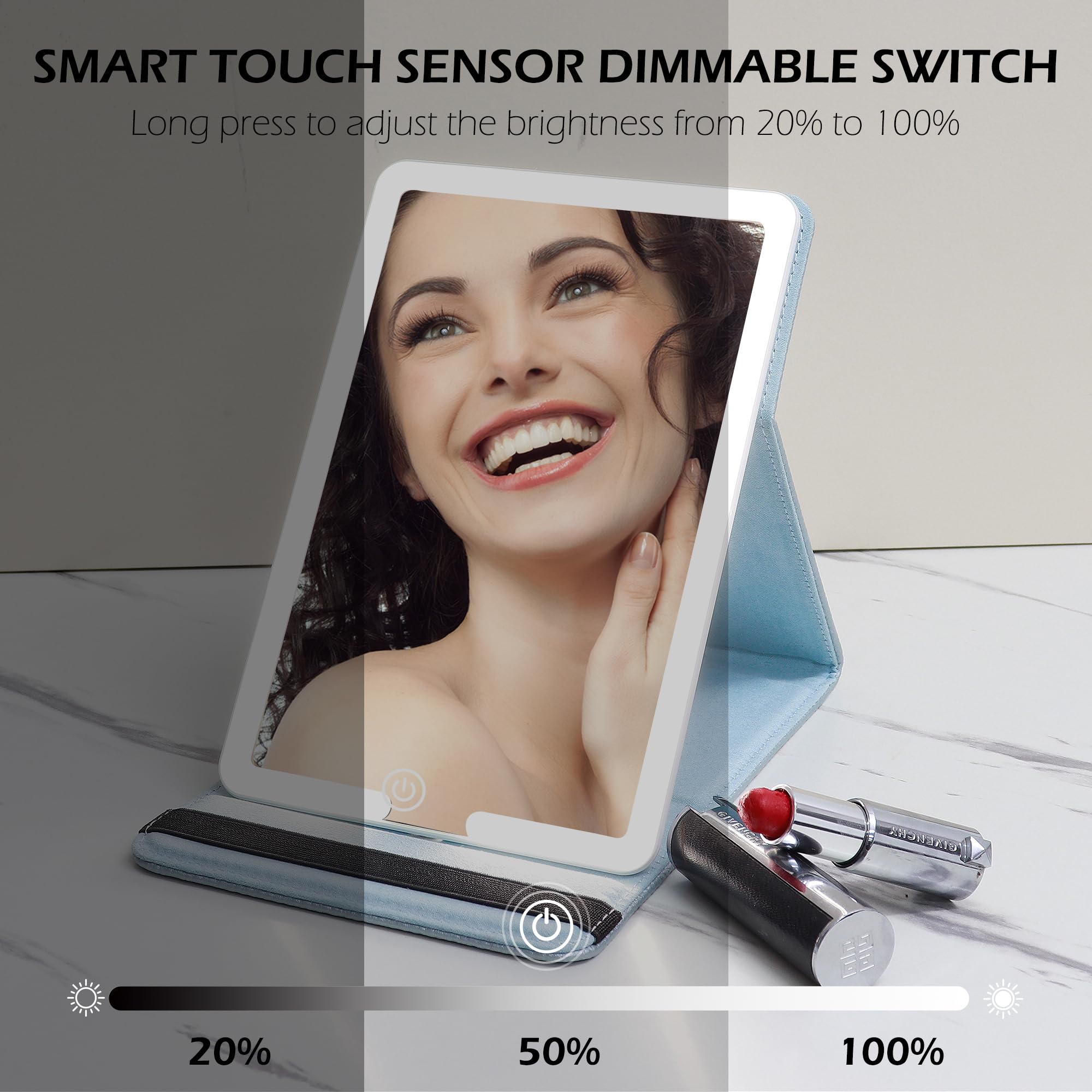 WangSelect Travel Mirror with Light Ultrathin Portable Travel Makeup Mirror Rechargeable 2000mAh and 3 Color Settings Lighted Vanity Mirror Include 10X Magnifying Mirror&Tweezers Set -Ice Blue