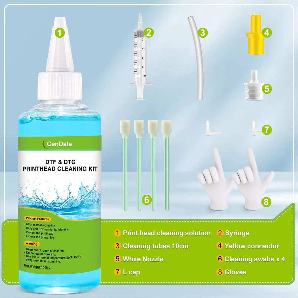 CenDale Premium DTF Printhead Cleaning Solution - Universal Printhead Cleaner Kit for Any DTF & DTG Printers, Print Head Cleaning Kit for Epson ET8550 L1800 XP15000 R1390 XP600 Ink Printer (100ML)
