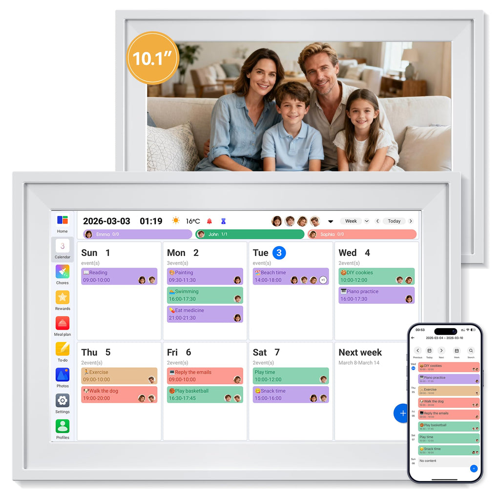 Yofidra 10.1" Digital Calendar, Smart Electronic Calendar with Chore Photo Meal Reward To-do Chart, Desk Planner for Family Schedule, Wifi Interactive Touchscreen Display with Stand, White, 32GB