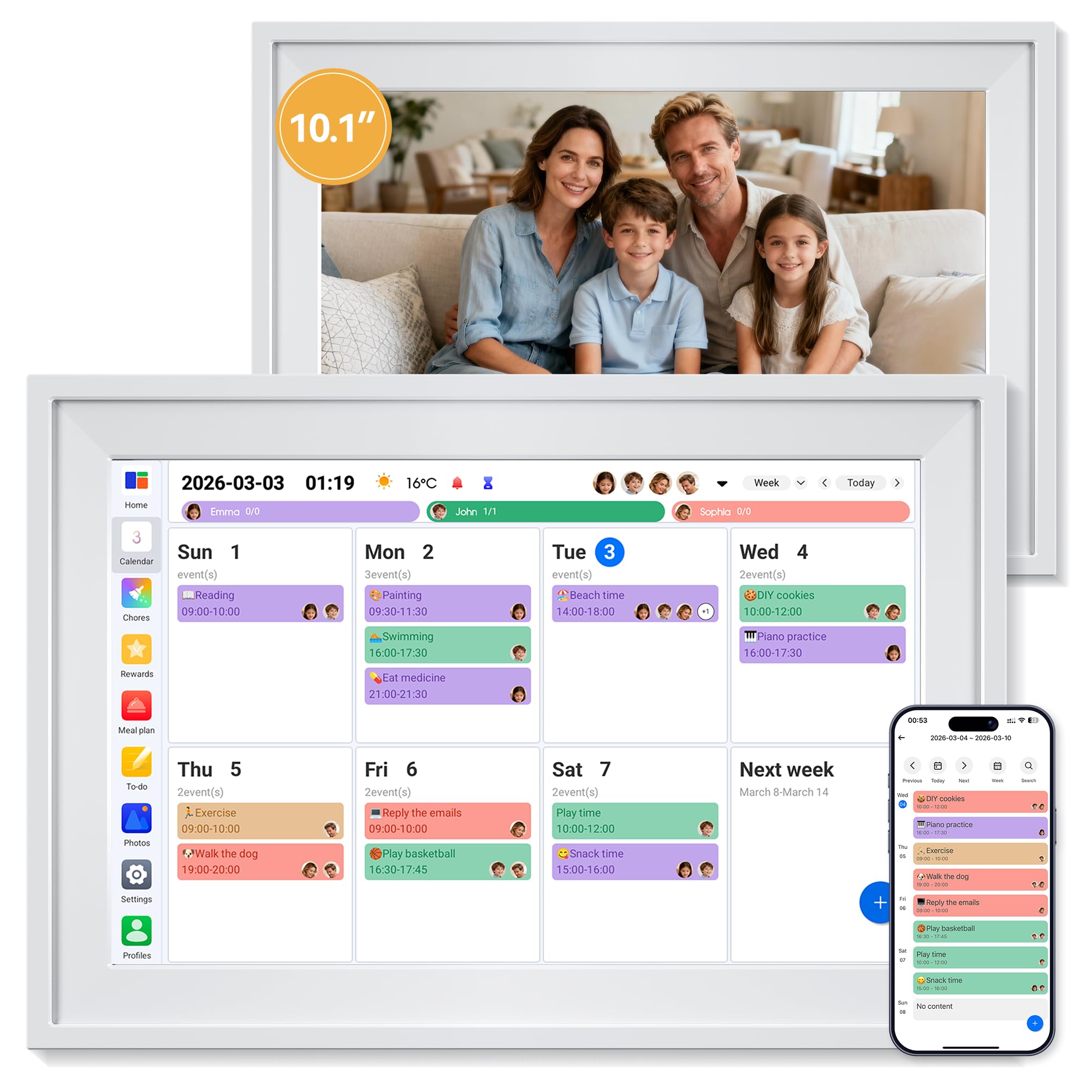 Yofidra 10.1" Digital Calendar, Smart Electronic Calendar with Chore Photo Meal Reward To-do Chart, Desk Planner for Family Schedule, Wifi Interactive Touchscreen Display with Stand, White, 32GB
