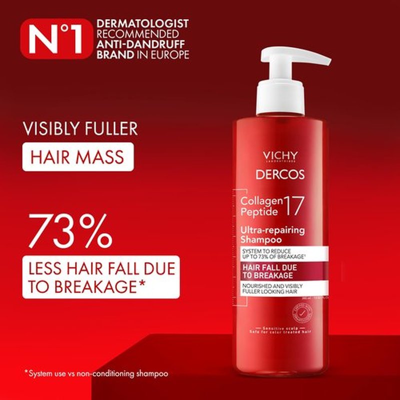 Dercos Collagen Peptide 17 Ultra-Repairing Shampoo, 390ml, Anti Hair Fall & Bond Repair for Damaged Weak Hair, Strengthens, Reduces Breakage, Boosts Volume