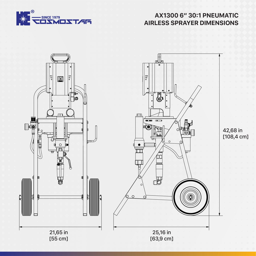 Cosmostar AX1300 30:1 Pneumatic Airless Sprayer, Max Fluid Working Pressure 3600 PSI, High Efficiency Paint Spray, Powerful Machines for Protective coatings. Cart Full Set with Gun,Tip, & Hose.