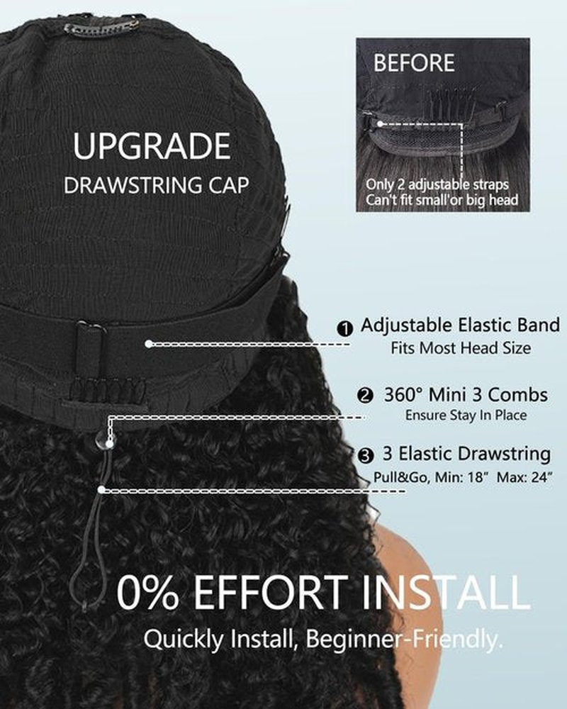 Abijale Burmese Curly V Part Wigs Human Hair 200% Density Upgrade U Part Wigs with Drawstring No Leave Out Glueless Clip in Half Wigs Curly Human Hair Wig for Black Women #1B Natural Black 16Inch