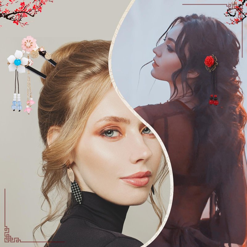 WILLBOND 6 Pcs Chinese Hair Sticks Japanese Vintage Wooden Chopsticks Accessories for Women Asian Floral Stick Classic Retro Tassel Flower Pins Handmade for Long Hanfu Hair(Classic Style)