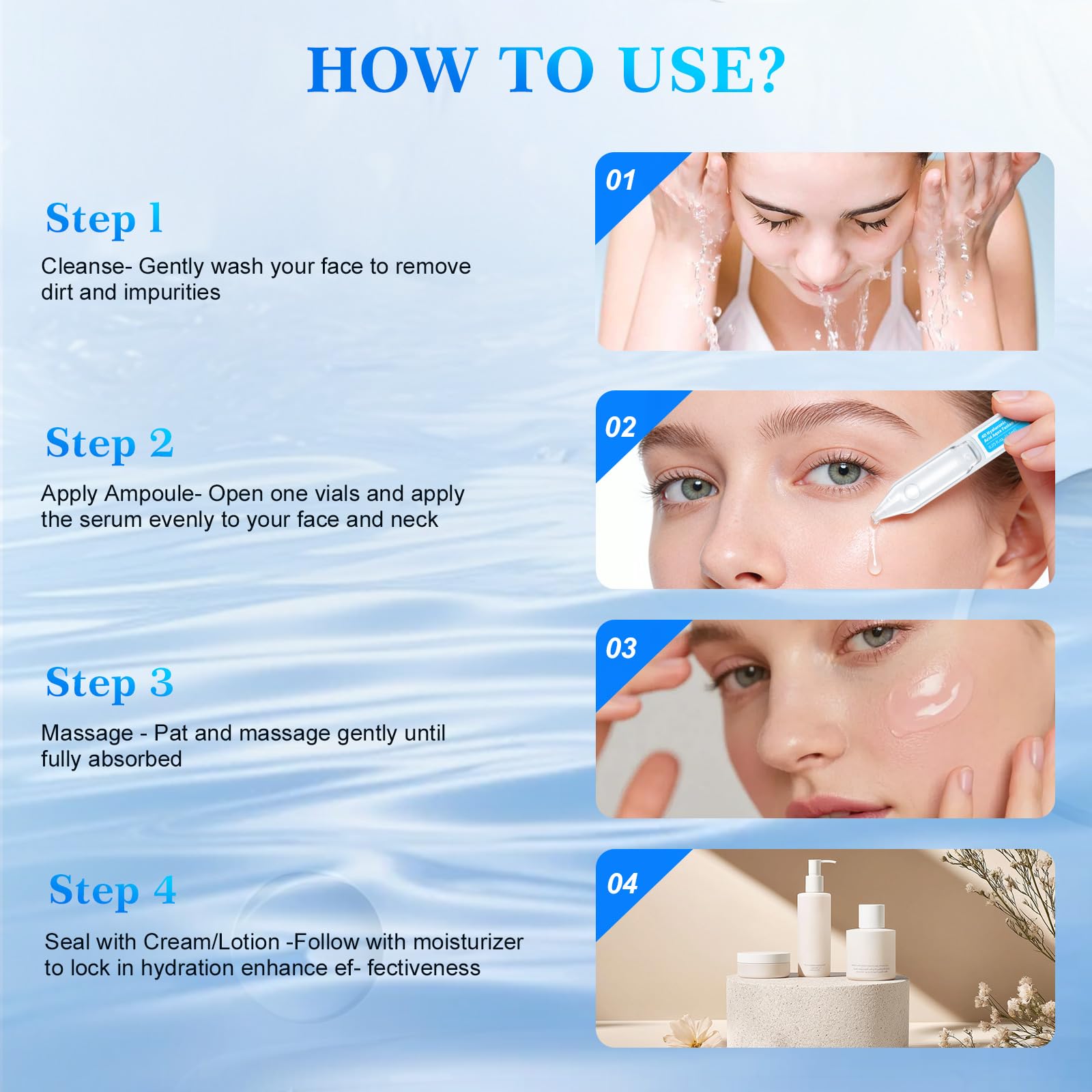 Burgift Hyaluronic Acid Serum for Face, 3% 4D Deep Hydrating Facial Ampoules in 30 Single-Use Vials, Plumping Moisturizer & Pre-Makeup Prep