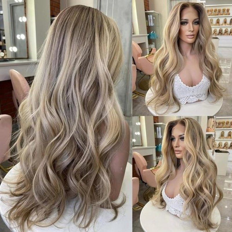 Long Wavy Highlight Ombre Light Blonde Synthetic Heat Resistant Lace Front Wigs with Dark Roots Pre plucked Frontal #26/613 Body Wave Balayage Blonde Wig for Women 13x4 HD Lace Middle Part 22 Inch