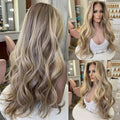 Long Wavy Highlight Ombre Light Blonde Synthetic Heat Resistant Lace Front Wigs with Dark Roots Pre plucked Frontal #26/613 Body Wave Balayage Blonde Wig for Women 13x4 HD Lace Middle Part 22 Inch