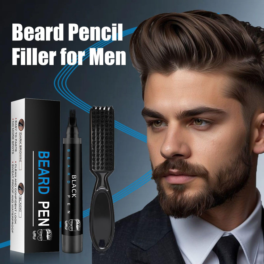 Beard Pencil Filler for Men Black - Beard Pen with Brush, Barber Pencil Smudge-proof & Water-proof Mens Grooming Kits Creating Natural Beard Color, Gifts for Men (Black)
