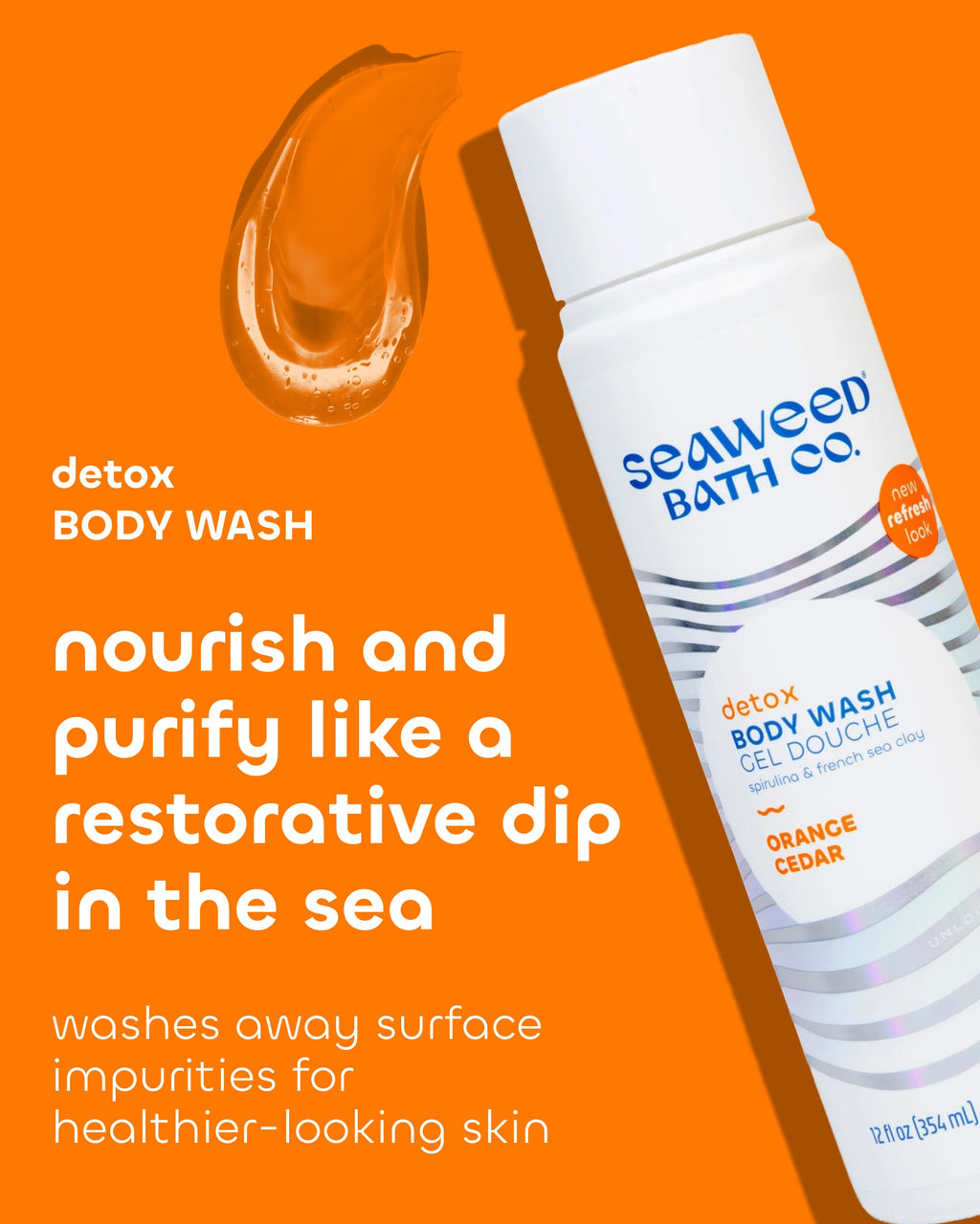 Seaweed Bath Co. Detox Body Wash - Orange Cedar - Hydrating Foaming Cleanser with Refreshing Natural Ingredients - Vegan, Paraben and Sulfate Free Shower Gel for Women and Men - 12 oz