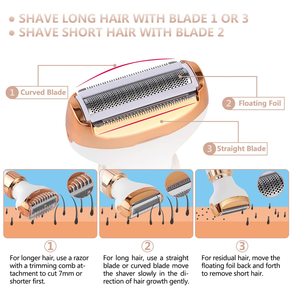 Electric Razor for Women Bikini Trimmer, MKIOVH Women's Cordless Portable 4 in 1 Painless Shaver, for face Legs Brows Nose Detachable Head USB Rechargeable Hair Trimmer
