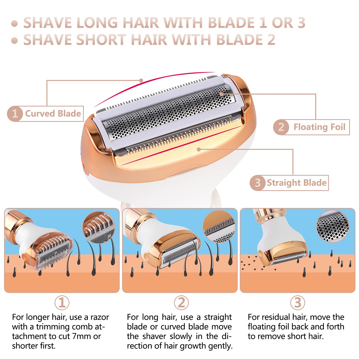 Electric Razor for Women Bikini Trimmer, MKIOVH Women's Cordless Portable 4 in 1 Painless Shaver, for face Legs Brows Nose Detachable Head USB Rechargeable Hair Trimmer
