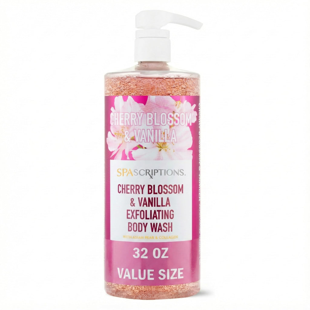 SpaScriptions Cherry Blossom & Vanilla Exfoliating Treatment Body Wash – Natural Exfoliation for Dull Skin with Asian Pear & Collagen for Radiant, Firm-Looking Skin, Hydrating Body Cleanser, 32 oz