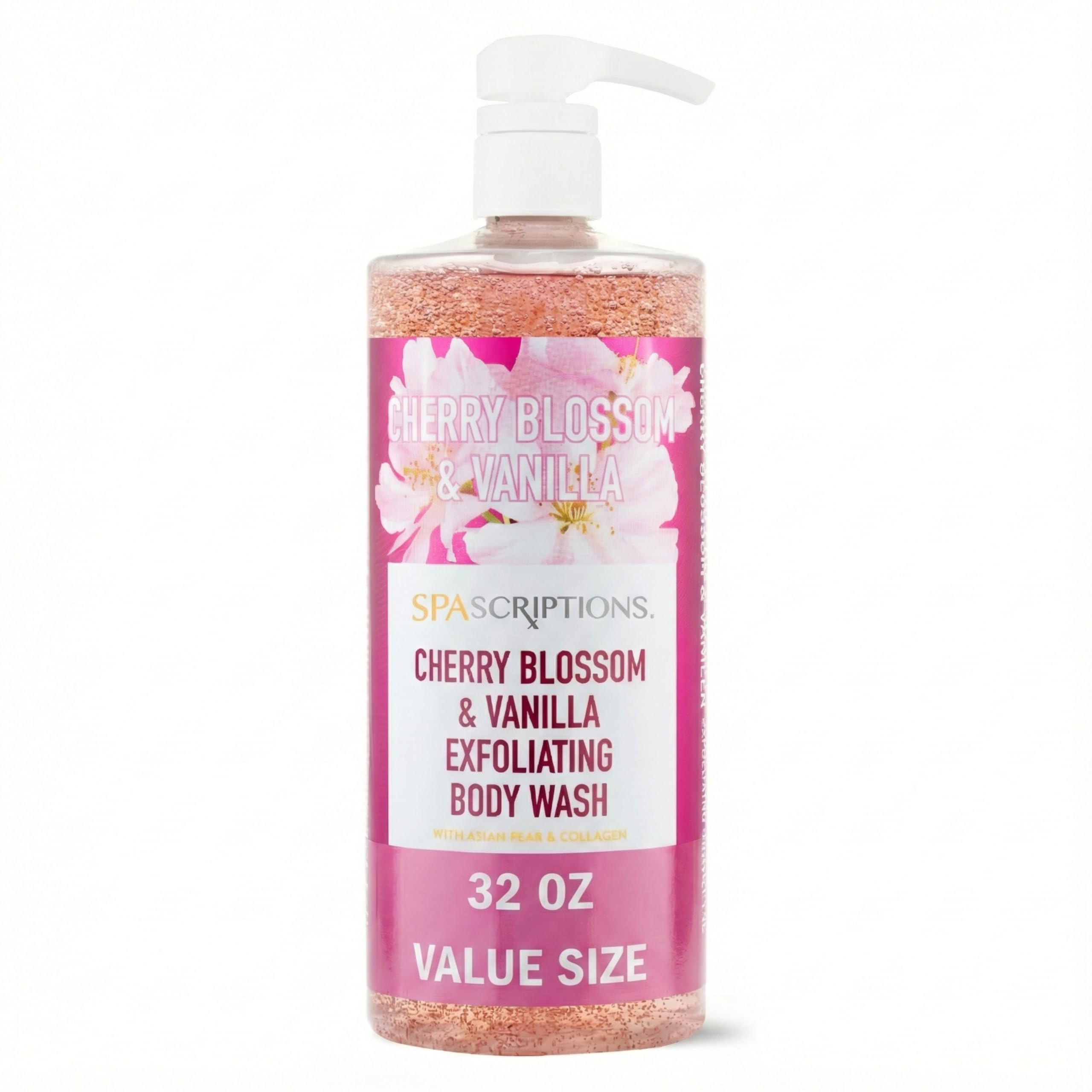 SpaScriptions Cherry Blossom & Vanilla Exfoliating Treatment Body Wash – Natural Exfoliation for Dull Skin with Asian Pear & Collagen for Radiant, Firm-Looking Skin, Hydrating Body Cleanser, 32 oz
