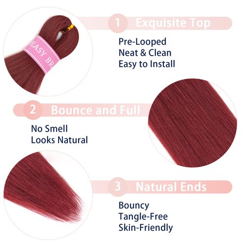 MSBELLE Red Braiding Hair Pre Stretched,20 Inch 6 Pack Prestretched Braiding Hair Extensions for Women Synthetic Soft Yaki Texture Crochet Braids Hair Extensions (Burgundy 900#)